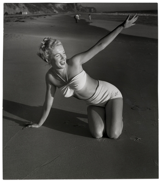 Original 1946 Photograph of Marilyn Monroe Taken by Andre de Dienes -- With de Dienes Backstamps, Developed by Him From His Negative -- Large Format Photo Measures 11'' x 12.25''