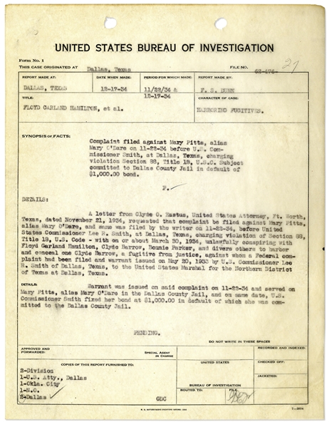 Original Bonnie & Clyde Document From 1934 -- U.S. Bureau of Investigation Report on the Bonnie & Clyde ''Harboring Fugitives'' Trial
