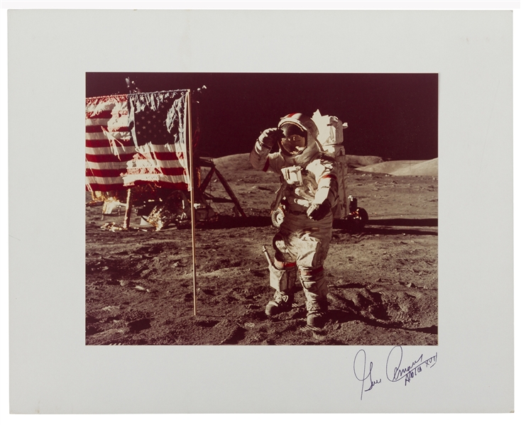 Gene Cernan Signed 20'' x 16'' Photo Display of Cernan Saluting the U.S. Flag on the Moon During Apollo 17