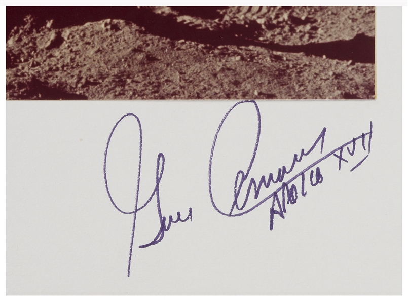 Gene Cernan Signed 20'' x 16'' Photo Display of Cernan Saluting the U.S. Flag on the Moon During Apollo 17