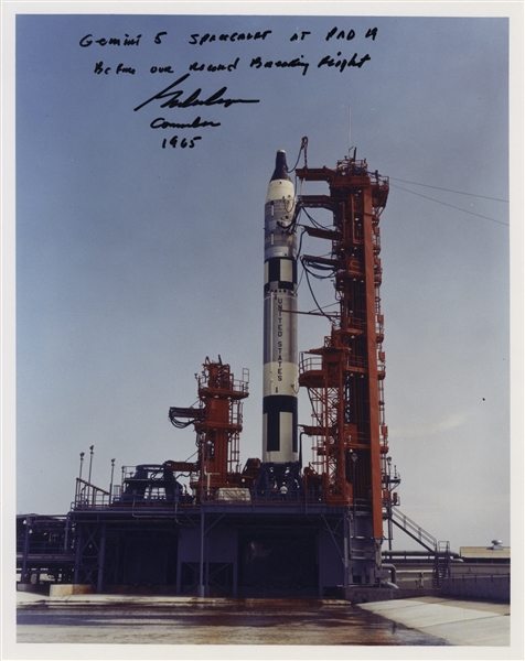 Gordon Cooper Signed 8'' x 10'' Photo of the Gemini 5 Launchpad ''Before Our Record Breaking Flight''