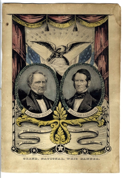 Hand-Colored Campaign Banner for the 1852 Whig Presidential Ticket -- Featuring War Veteran Winfield Scott, Lithographed by Nathaniel Currier