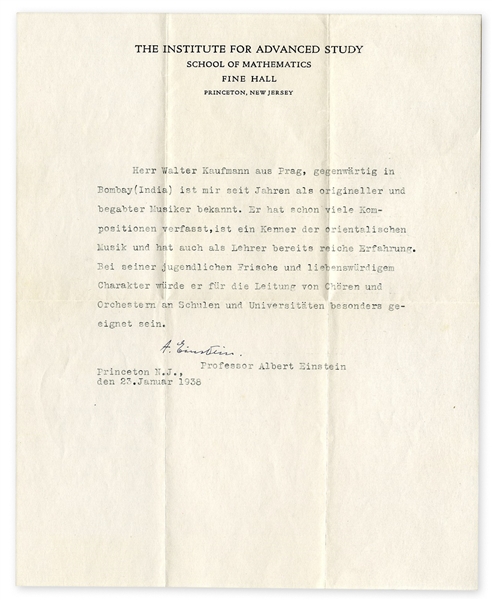 Albert Einstein Signed Letter of Recommendation for Composer Walter Kaufmann