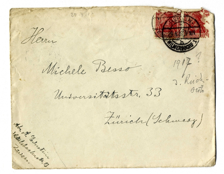 Albert Einstein Envelope Signed From 1917 -- To His Close Friend & Colleague Michele Besso