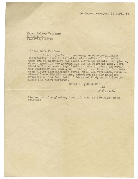 Albert Einstein 1933 Letter Signed to Composer Walter Kaufmann -- ''...I have so little faith in the possibility of prevailing as a musician in Palestine...only America would be a likely choice...''