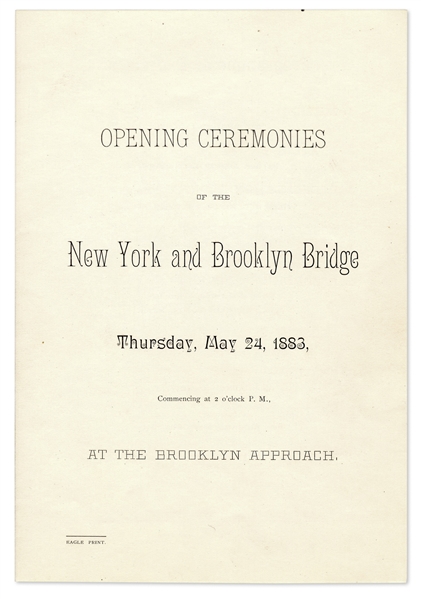 Program From the Opening Ceremonies of the Brooklyn Bridge in 1883 -- With Printed Card From New York City Mayor Franklin Edson