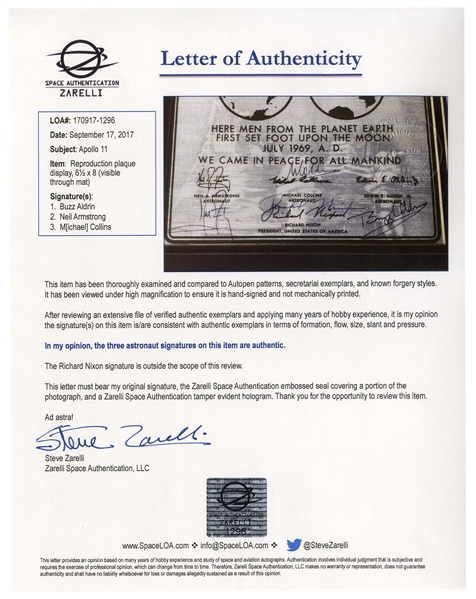 Apollo 11 Crew-Signed Certificate, Also Signed by Richard Nixon -- Very Rare Replica of the One Left on the Moon -- With Steve Zarelli & University Archives COAs for All Signatures