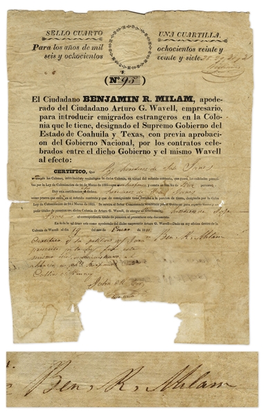 Scarce Document Signed by Texas Revolutionary Benjamin R. Milam -- Official Citizenship Document for the Red River Colony, Founded by Milam & Arthur G. Wavell