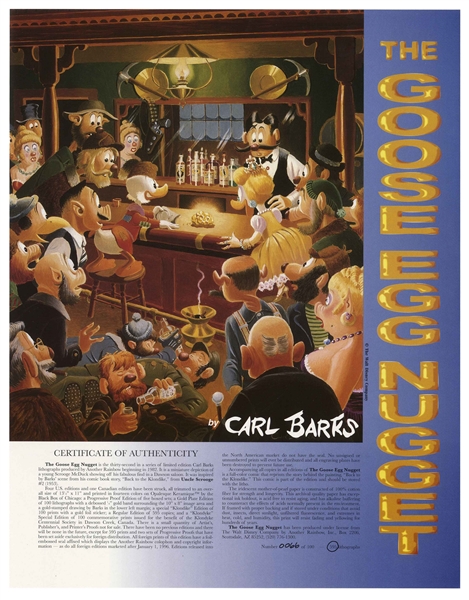 Disney Animator Carl Barks Signed Limited Edition Lithograph of ''The Goose Egg Nugget'' -- Scrooge McDuck Displays His Golden Nugget