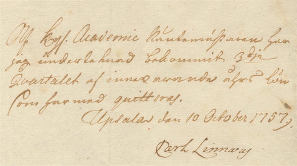 Carl Linnaeus Document Signed -- Rare Document by the Leading 18th Century Scientist, the ''Father of Modern Taxonomy''