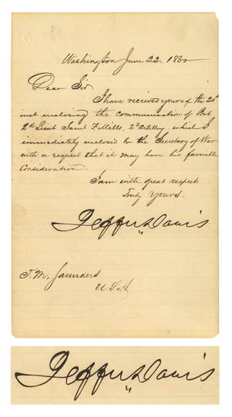 Jefferson Davis Letter Signed as Mississippi Senator in 1860, Shortly Before the Election of Abraham Lincoln That Precipitated Civil War