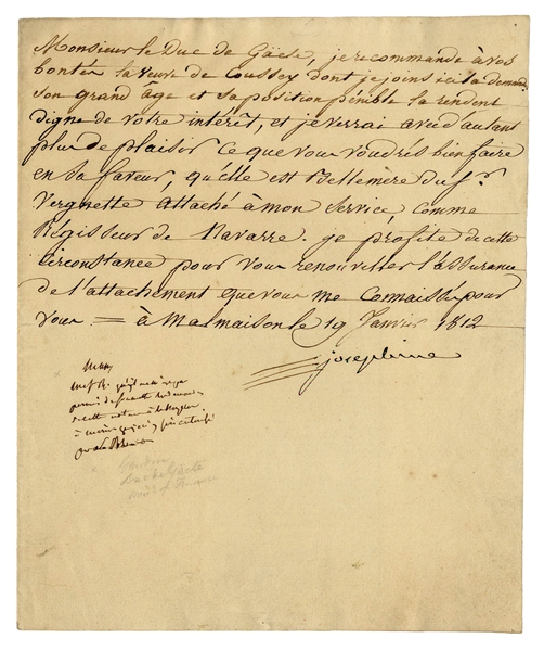 Josephine Bonaparte Letter Signed -- The Widow Josephine Writes a Letter of Recommendation for Another Widow