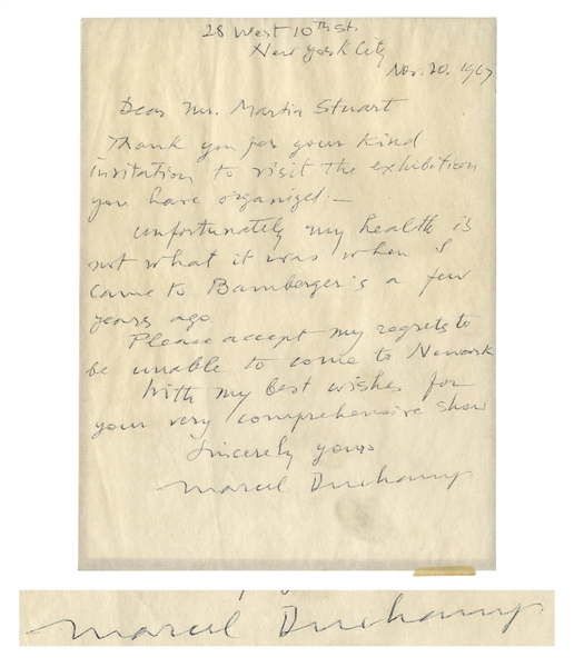 Marcel Duchamp Autograph Letter Signed -- Rare