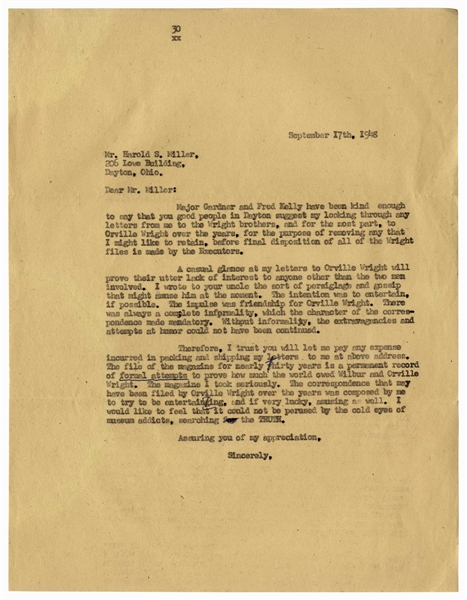 Orville Wright's Secretary Chastises the Smithsonian Regarding Its Display of the Kitty Hawk -- ''...I am beginning to think it would have been better to have left the machine in England...''