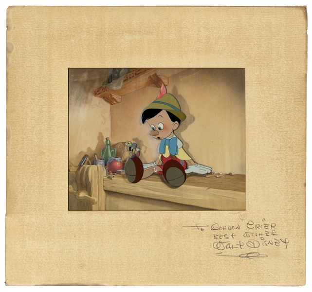 Walt Disney Signed Original Pinocchio Cel Featuring Pinocchio and Jiminy Cricket on Original Background -- Signed Mat Measures 15 x 16 -- With Phil Sears COA & Courvoisier Galleries Label