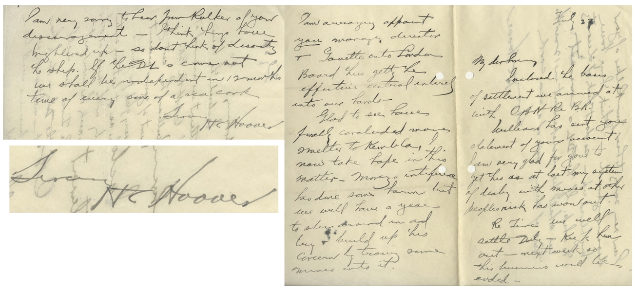 Herbert Hoover Autograph Letter Signed as a Mining Executive -- ''...thus getting the effective control entirely into our hands...''