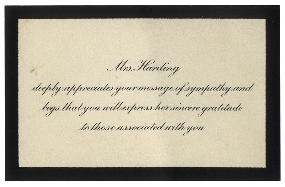Sympathy Reply Card for President Warren Harding Who Died While in Office -- Black Bordered Card With Envelope Postmarked 1923