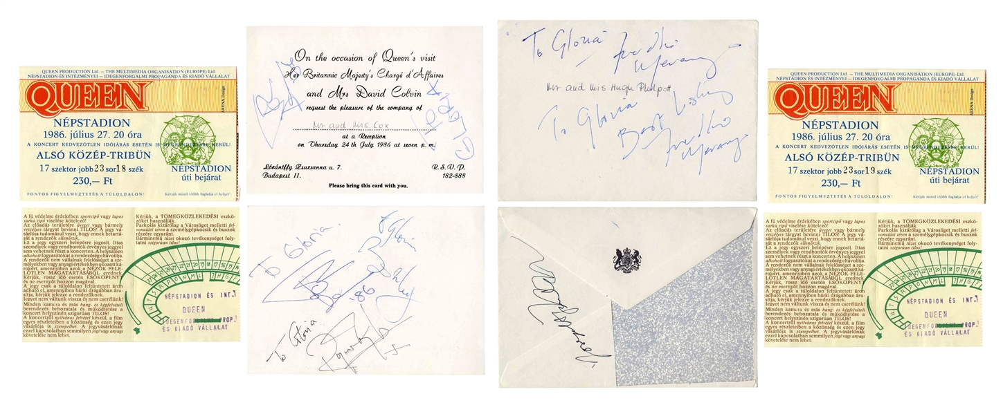Queen Signed Invitation for a Party at the British Embassy in Budapest During Their 1986 Concert Tour -- Twice-Signed by Freddie Mercury -- With Roger Epperson COA