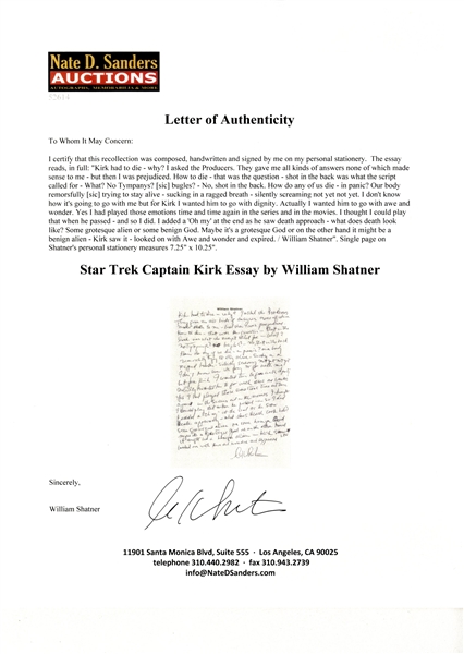 Star Trek Autographs William Shatner of Captain Kirk's Death: ''Kirk had to die... shot in the back was what the script called for - What?...I wanted him to go with awe and wonder...Maybe [death is] a grotesque God...''