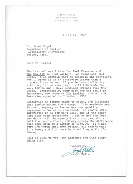 Joseph Heller Typed Letter Signed -- ''...Concerning my coming there to speak, I'm flattered that you're making the attempt...I can be had for less, but don't tell...''
