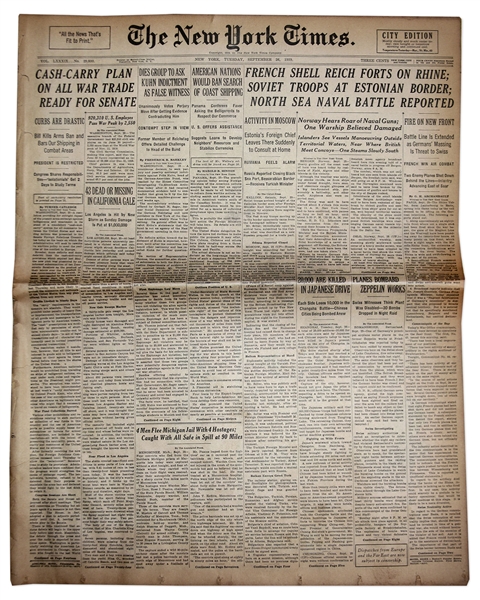 26 September 1939 Edition of ''The New York Times'' -- War on Many European Fronts as Warsaw Burns