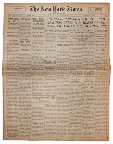28 September 1939 Edition of ''The New York Times'' -- Warsaw Surrenders to Germans