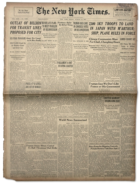 24 August 1945 Edition of ''New York Times'' -- ''7,500 Sky Troops to Land in Japan with M'Arthur''