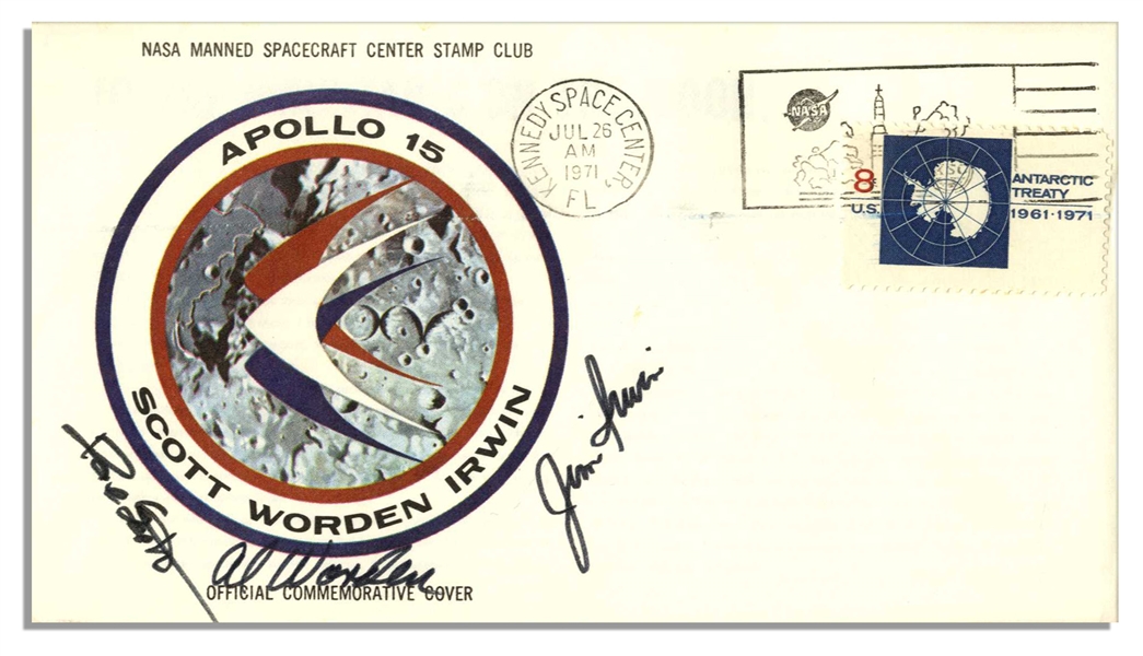 Apollo 15 Crew-Signed NASA Astronaut Insurance Cover -- ''Al Worden'', ''Dave Scott'' & ''Jim Irwin'' -- Cancelled 26 July 1971 -- 6.5'' x 3.75'' -- Near Fine Condition -- With COA From Worden