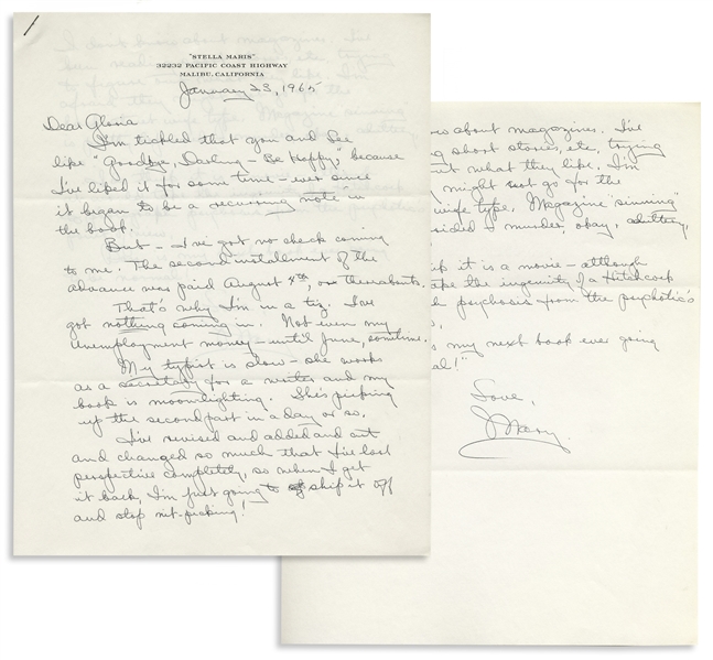 Mary Astor Autograph Letter Signed Regarding ''Goodbye, Darling - Be Happy'' -- ''...it would take the ingenuity of a Hitchcock to photograph psychosis from the psychotic's point of view...''