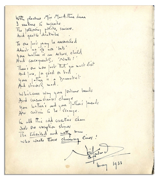 Noel Coward Handwritten & Signed Poem -- Composed in 1933 for Helen Hayes' Daughter -- ''...The talented and witty man / Who wrote these charming lines! / Noel Coward...''