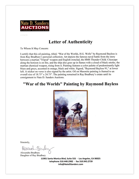 Ray Bradbury Personally Owned Oil Painting by Raymond Bayless -- The Famous Martian Tripod vs. HMS Thunder Child Battle Scene From H.G. Wells' ''War of the Worlds''