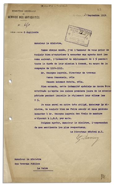 Egyptologist Georges Daressy Typed Letter Signed From 1914 Pertaining to The Karnak Site