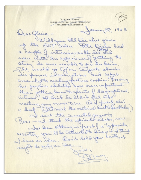Mary Astor Autograph Letter Signed -- To Her Agent, Regarding Her 1968 Novel, ''A Place Called Saturday''