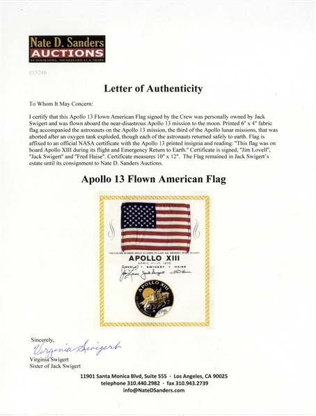 Apollo 13 United States Flag Space-Flown -- Crew-Signed & Uninscribed, From the Jack Swigert Estate