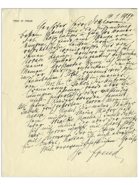 Sigmund Freud Autograph Letter Signed From 1937 Regarding His Family Tree -- ''...I am finding a large number of respectable persons in there...''