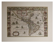 17th Century Hand-Colored Map of the Americas by Noted Cartographer Willem Blaeu -- Entitled A New Map of America