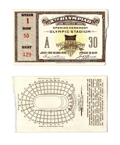 1932 Summer Olympics Ticket to the Opening Ceremony