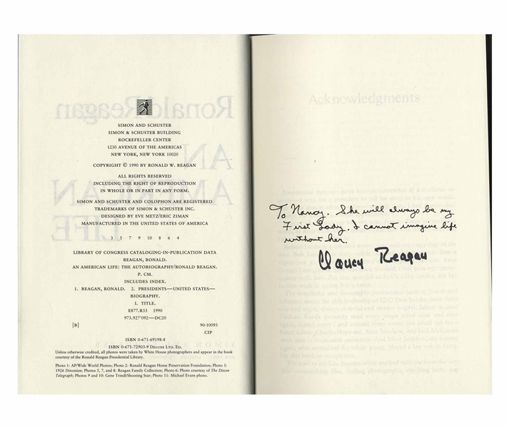 Ronald & Nancy Reagan Signed Copy of ''An American Life'', Uniquely Signed by the First Couple -- With Beckett COA 