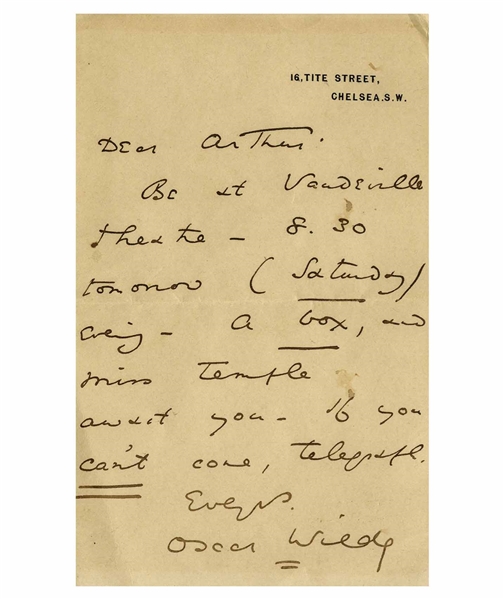 Oscar Wilde Autograph Letter Signed -- ''...Be at Vaudeville Theatre...''