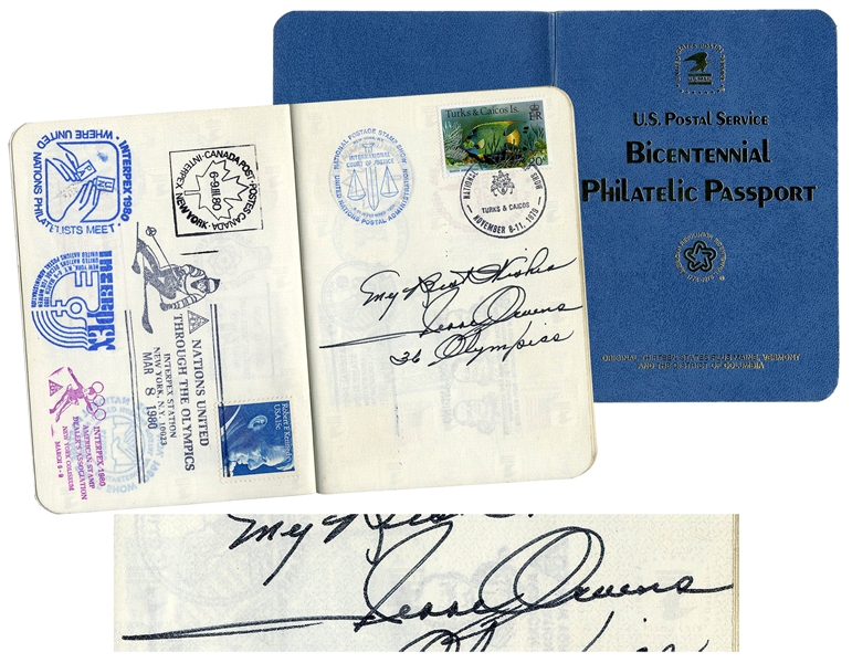 Jesse Owens Signed Philatelic Passport -- Also Signed by Isaac Asimov