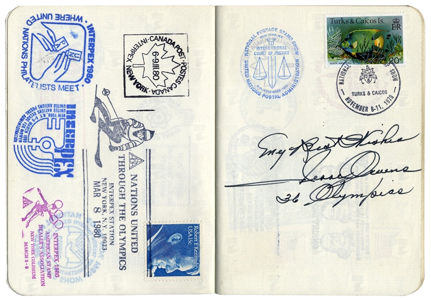 Jesse Owens Signed Philatelic Passport -- Also Signed by Isaac Asimov