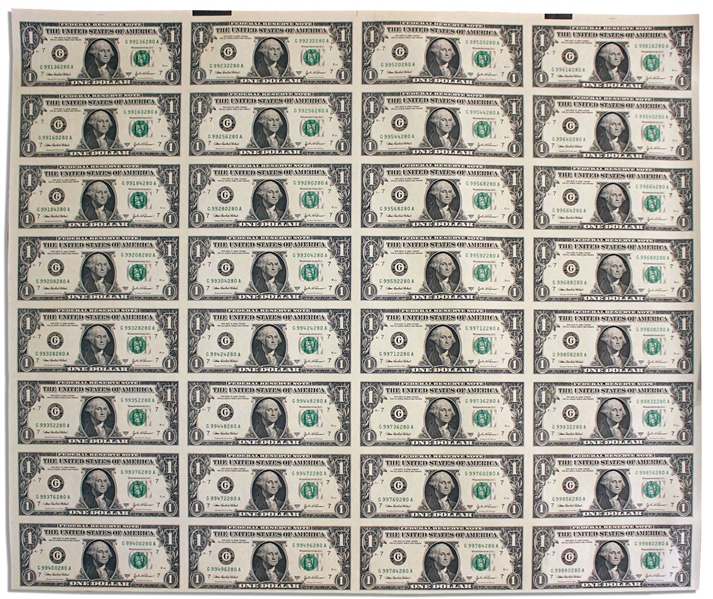 Uncut Sheet of 32 $1 Federal Reserve Notes -- Series 2003-A, Chicago -- Near Fine