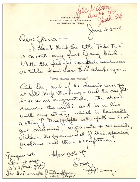 Mary Astor Autograph Letter Signed Regarding Naming a  Book -- ''...I don't think the title 'Take Two' is worth any fuss of any kind...how does this strike you: 'Some People Are Actors'...''
