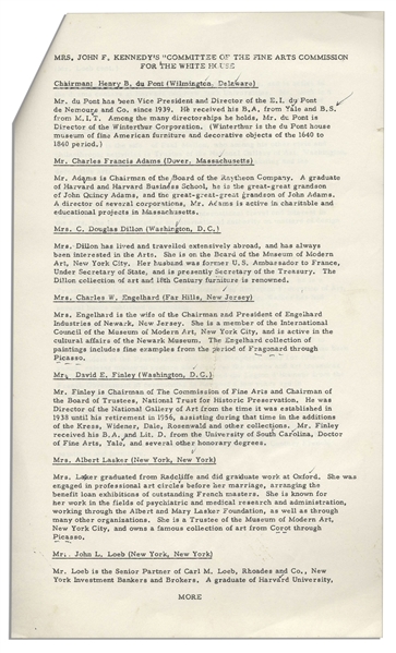 Press Release From 1961 Pertaining to Jackie Kennedy's Famous Renovation of the White House -- Announces Appointments to the Committee of the Fine Arts Commission