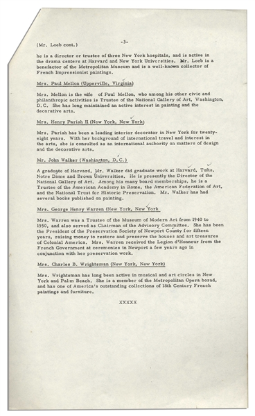 Press Release From 1961 Pertaining to Jackie Kennedy's Famous Renovation of the White House -- Announces Appointments to the Committee of the Fine Arts Commission