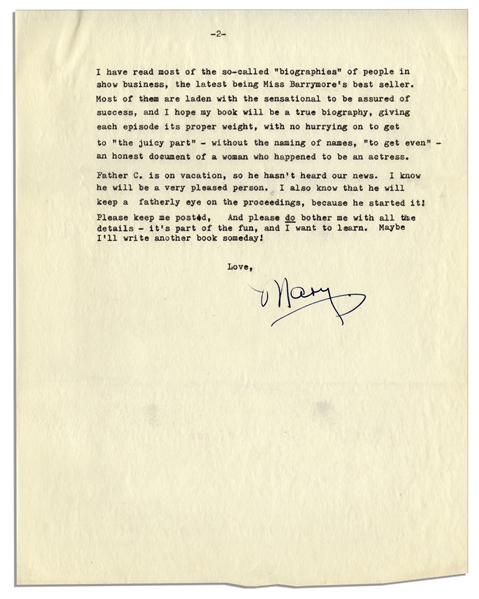 Mary Astor Letter Signed Regarding Her Autobiography -- ''...I hope my book will be a true biography...with no hurrying on to get to 'the juicy part'...''