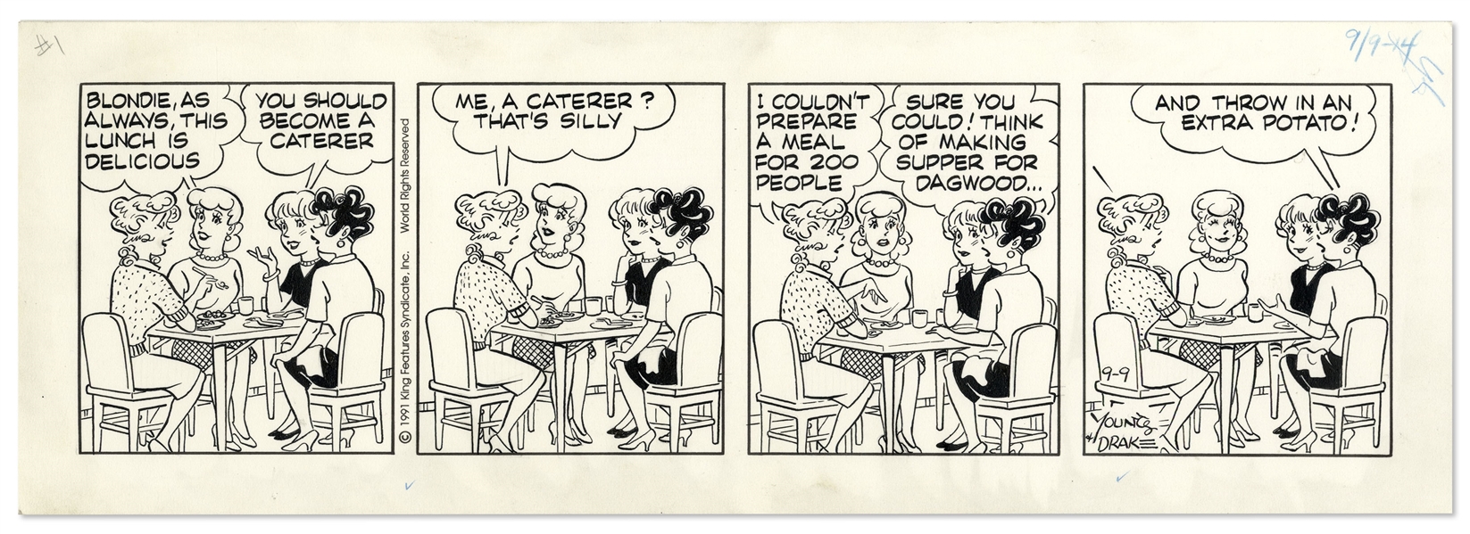 ''Blondie'' Comic Strip From 1991 -- Blondie Gets the Idea to Open a Catering Business, at the Suggestion of One of Her Friends