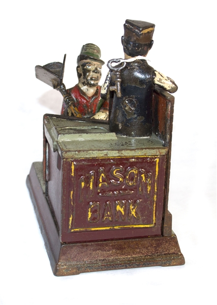 ''Mason Bank'' Cast Iron 19th Century Mechanical Bank -- Fully Functioning & With Original Key
