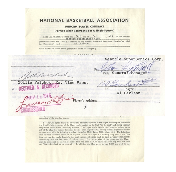Bill Russell Contract Signed From 1975 as General Manager of the Seattle SuperSonics -- Russell Signs Player Al Carlson