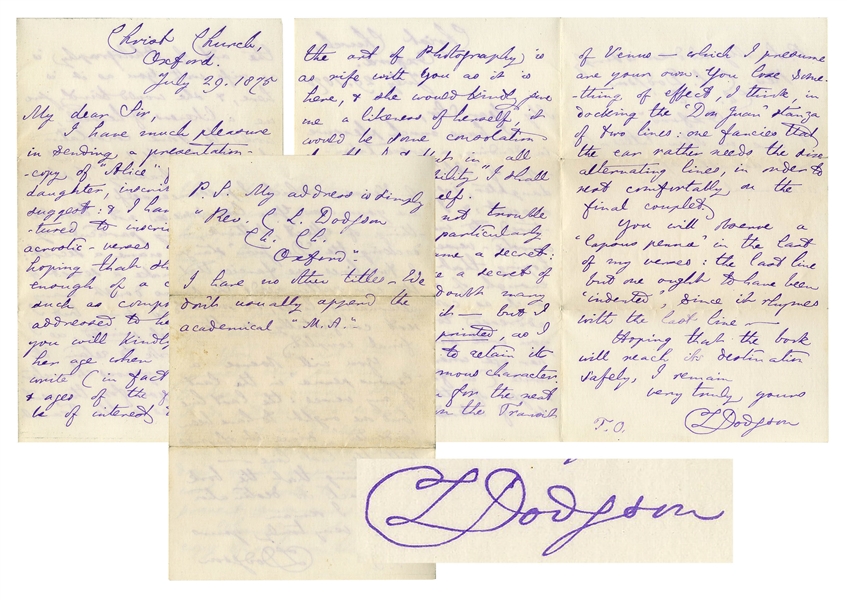 Charles Dodgson Autograph Letter Twice-Signed -- ''...I have much pleasure sending a presentation copy of 'Alice' for your daughter...''
